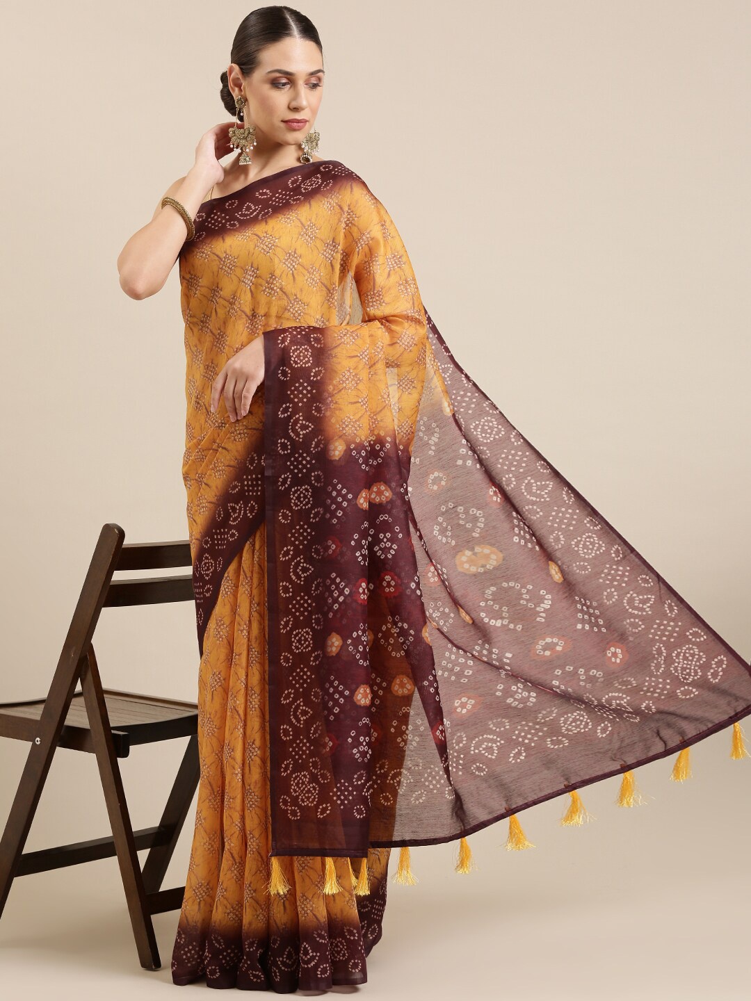 

The Chennai Silks Mustard & Brown Bandhani Fusion Chanderi Saree