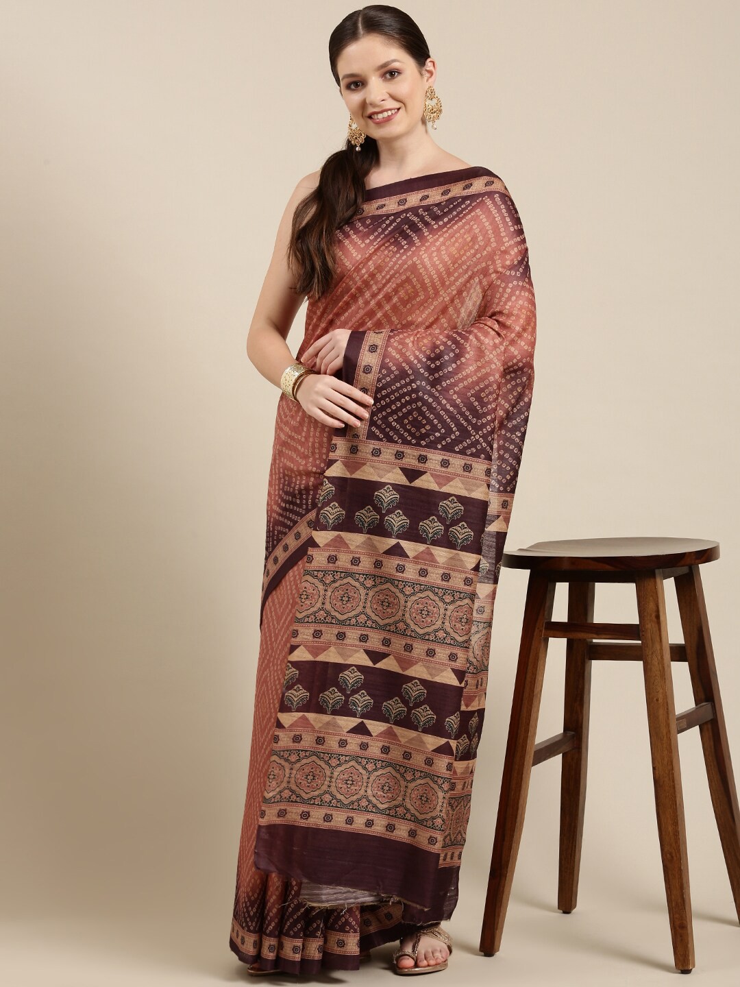 

The Chennai Silks Coral & Brown Bandhani Fusion Banarasi Saree