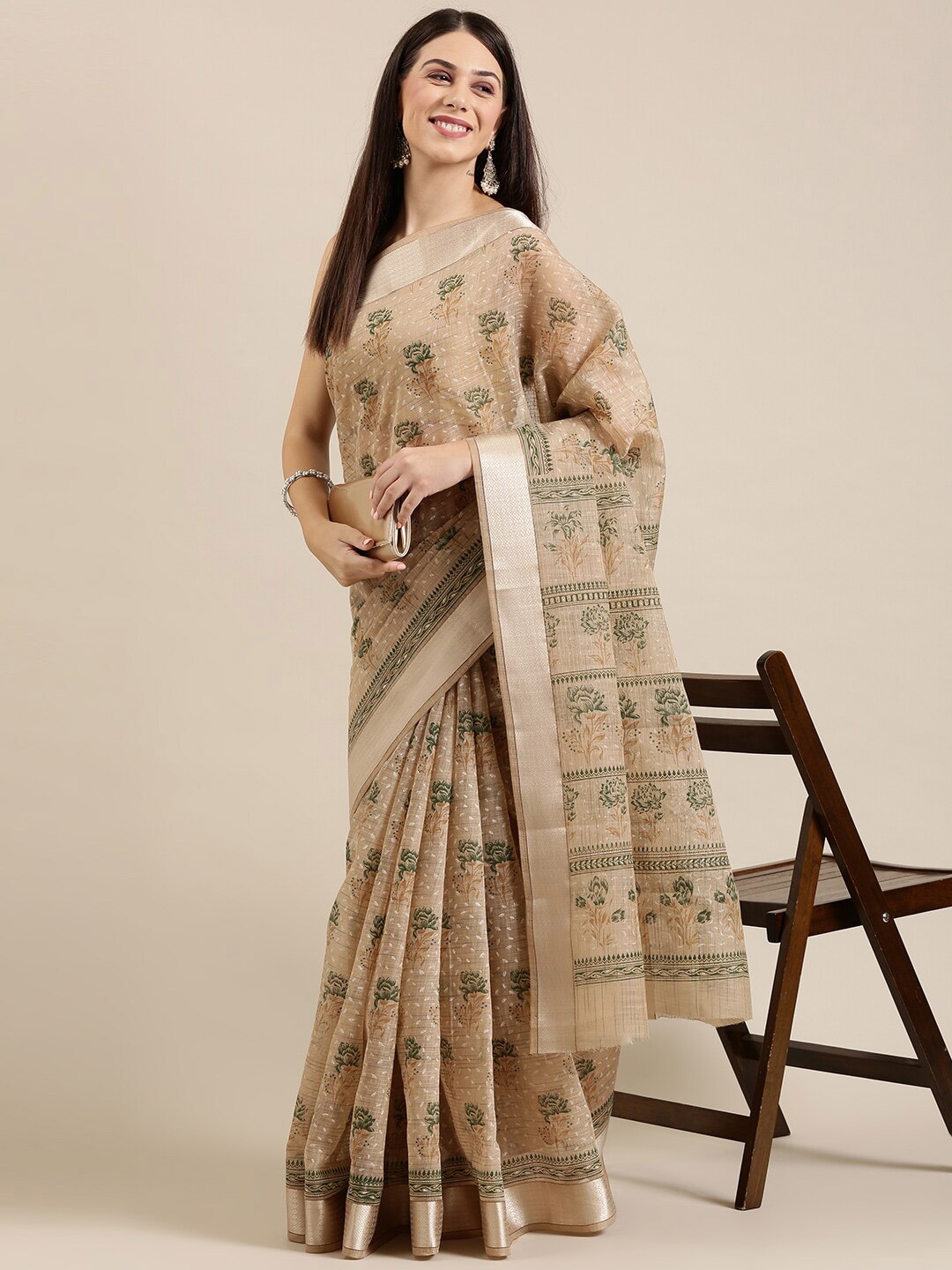 

The Chennai Silks Beige Floral Pure Cotton Fusion Saree