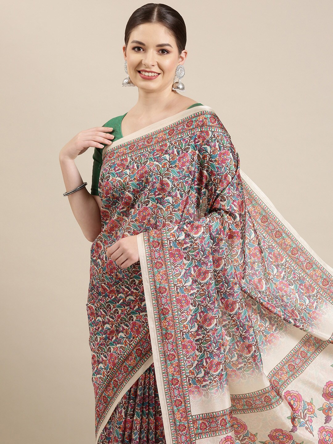 

The Chennai Silks Beige & Pink Floral Linen Blend Saree