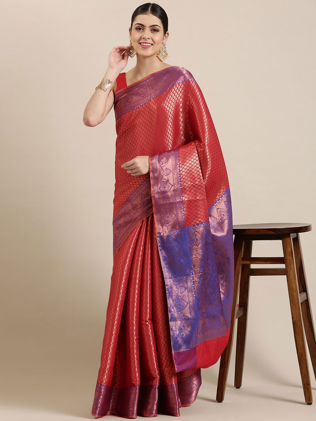 

The Chennai Silks Women Red & Purple Woven Design Zari Organza Banarasi Saree