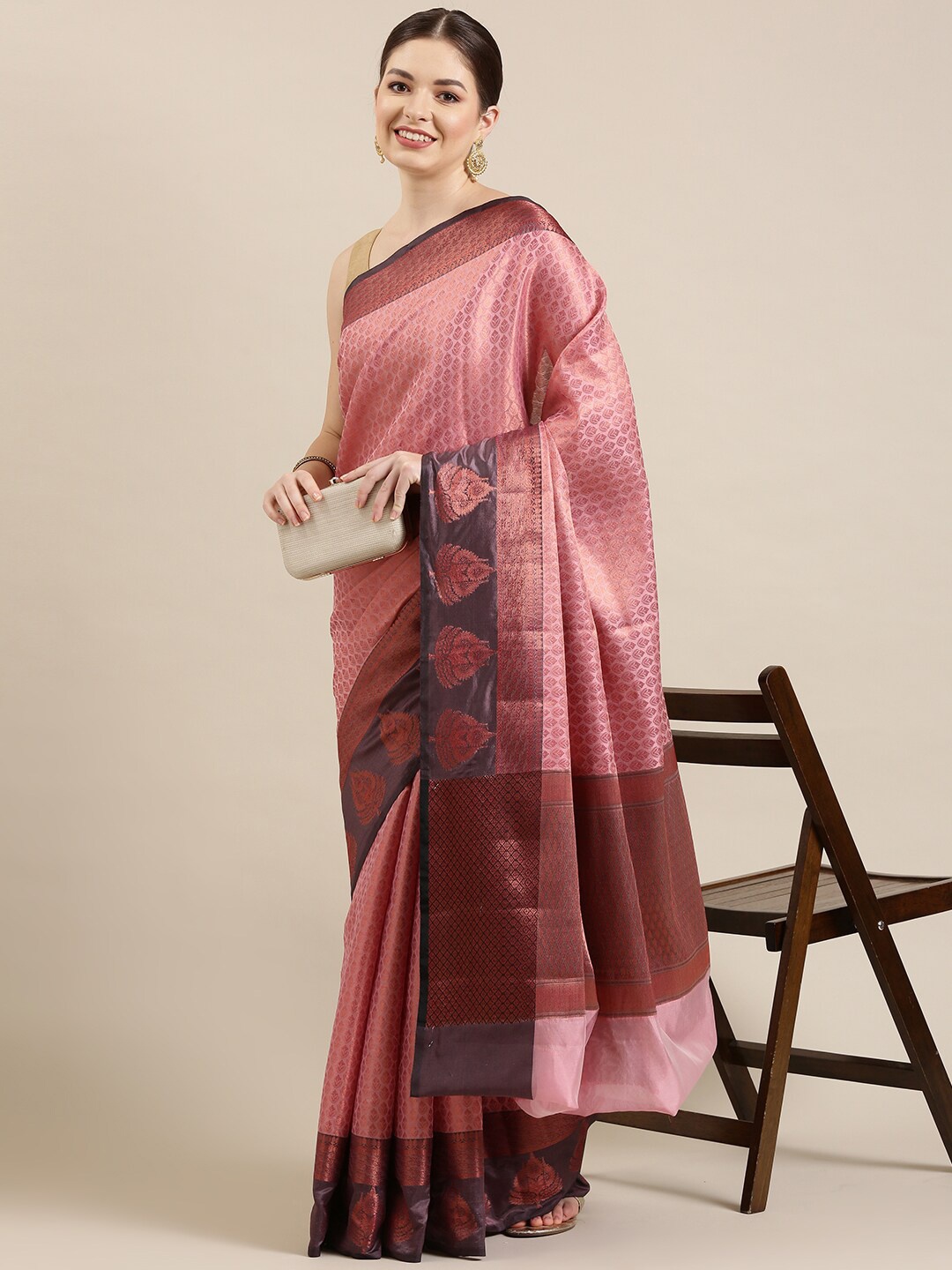 

The Chennai Silks Pink Ethnic Motifs Organza Fusion Banarasi Saree