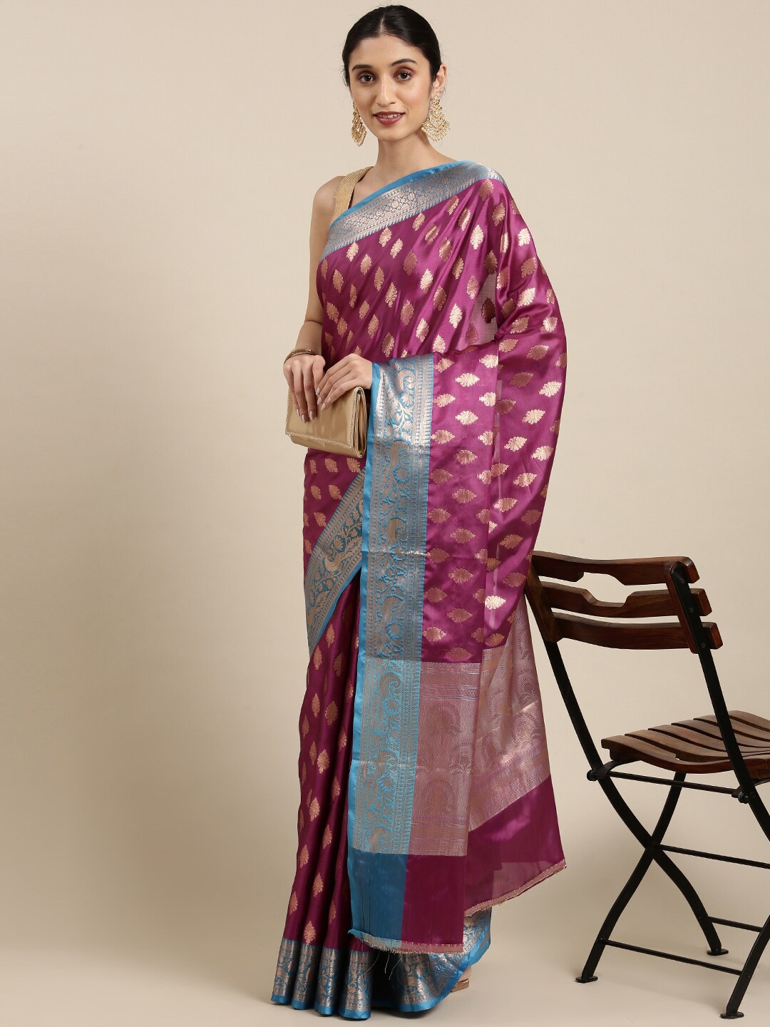 

The Chennai Silks Violet & Blue Ethnic Motifs Zari Organza Fusion Banarasi Saree
