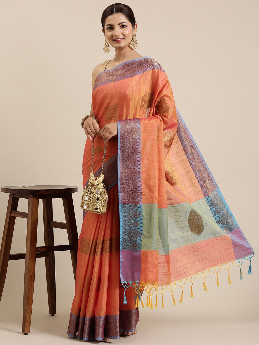 

The Chennai Silks Orange & Green Ethnic Motifs Zari Organza Banarasi Saree