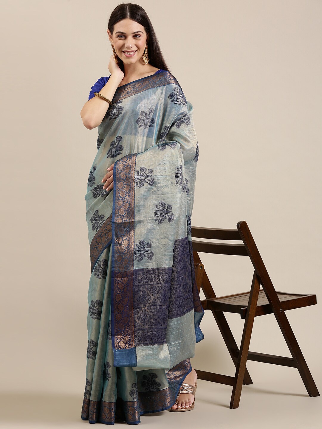 

The Chennai Silks Women Blue Floral Organza Banarasi Saree