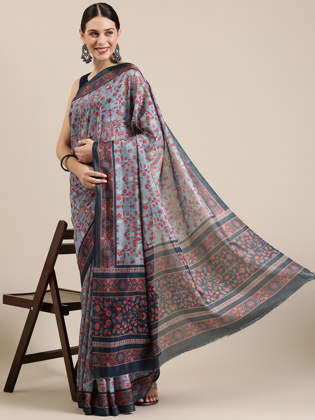 

The Chennai Silks Grey & Orange Floral Linen Blend Fusion Saree