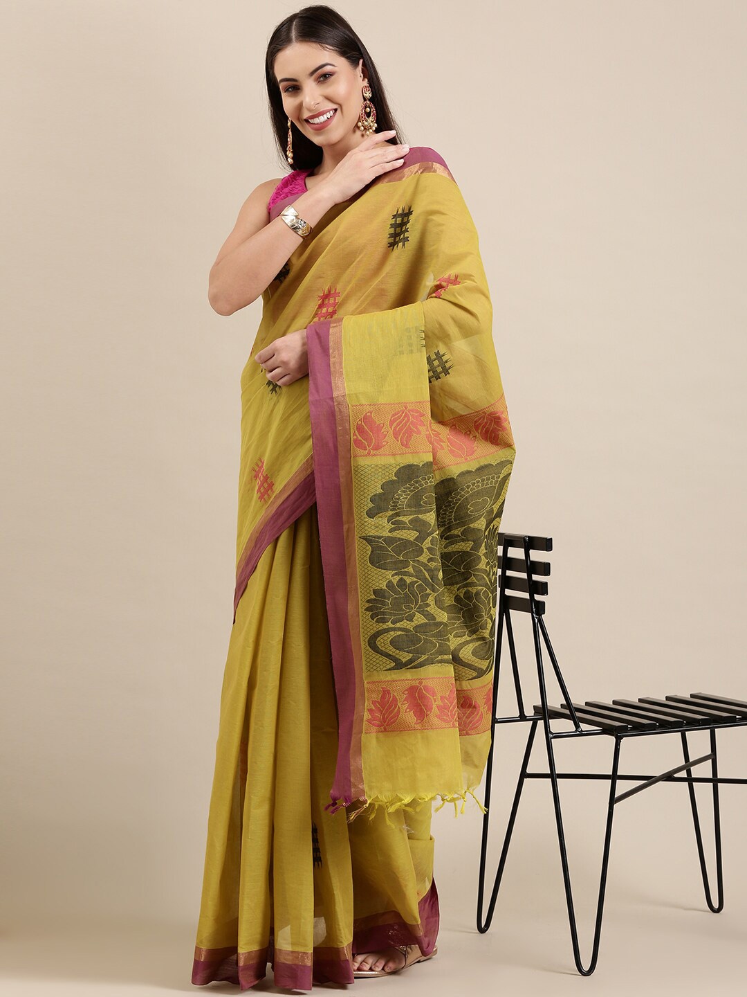 

The Chennai Silks Olive Green & Mustard Ethnic Motifs Zari Pure Cotton Fusion Kovai Saree