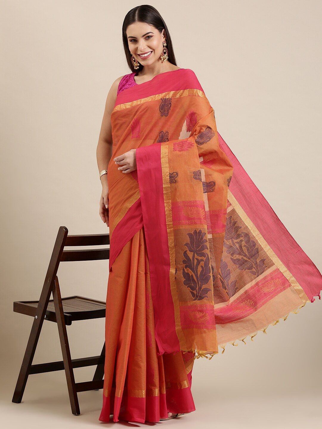 

The Chennai Silks Coral & Grey Ethnic Motifs Zari Pure Cotton Fusion Kovai Saree