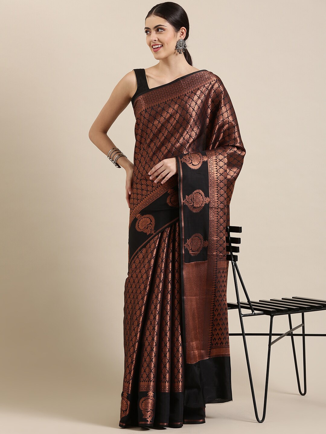 

The Chennai Silks Black & Rose Gold Floral Art Silk Fusion Kanjeevaram Saree