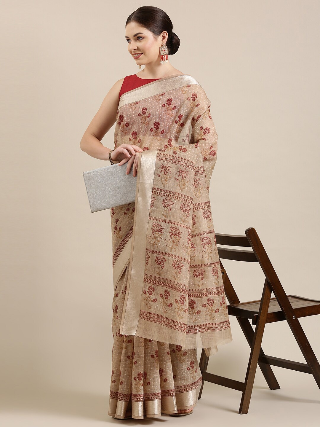 

The Chennai Silks Beige & Maroon Floral Zari Pure Cotton Saree