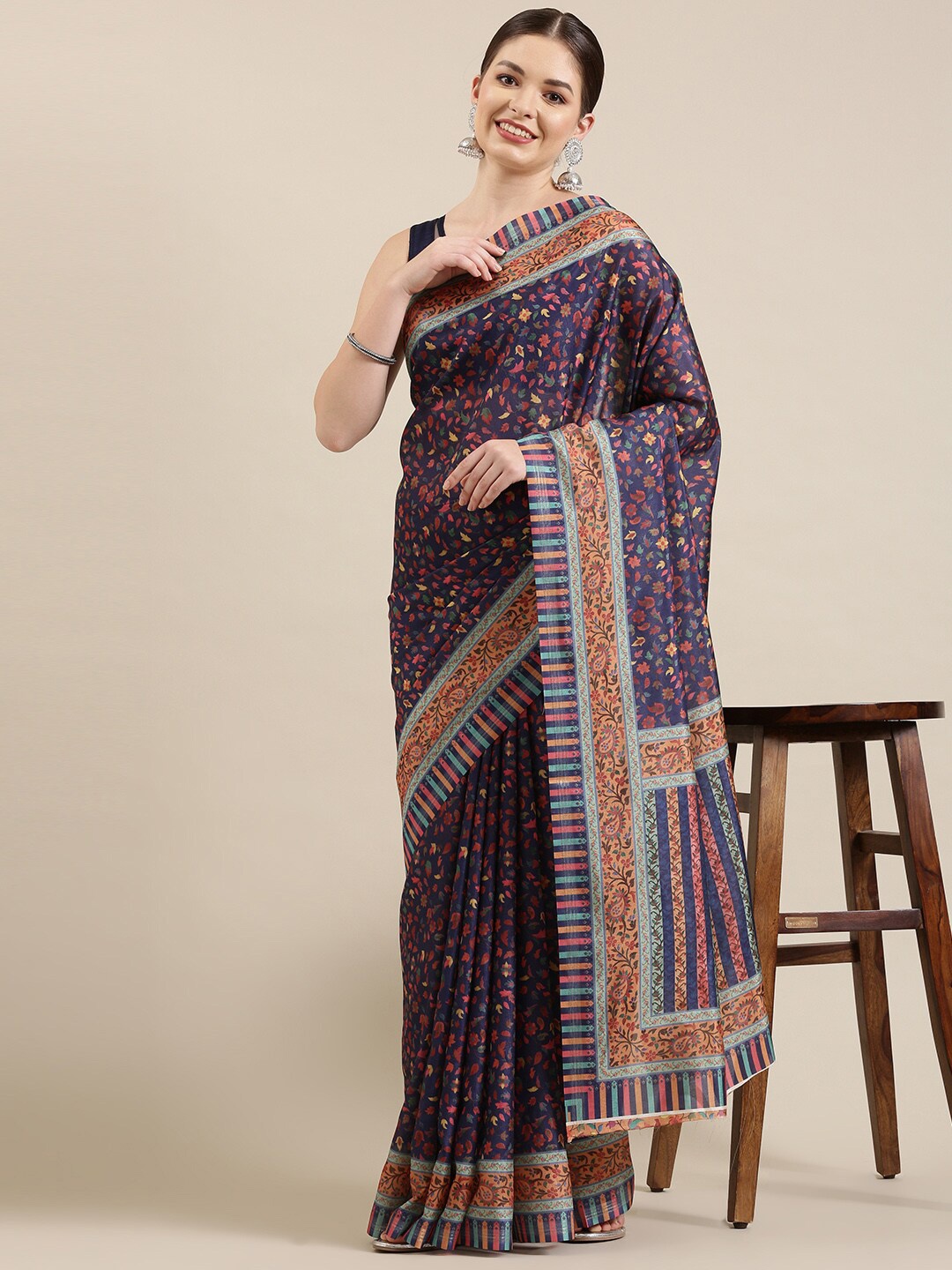 

The Chennai Silks Navy Blue & Orange Floral Linen Blend Fusion Saree