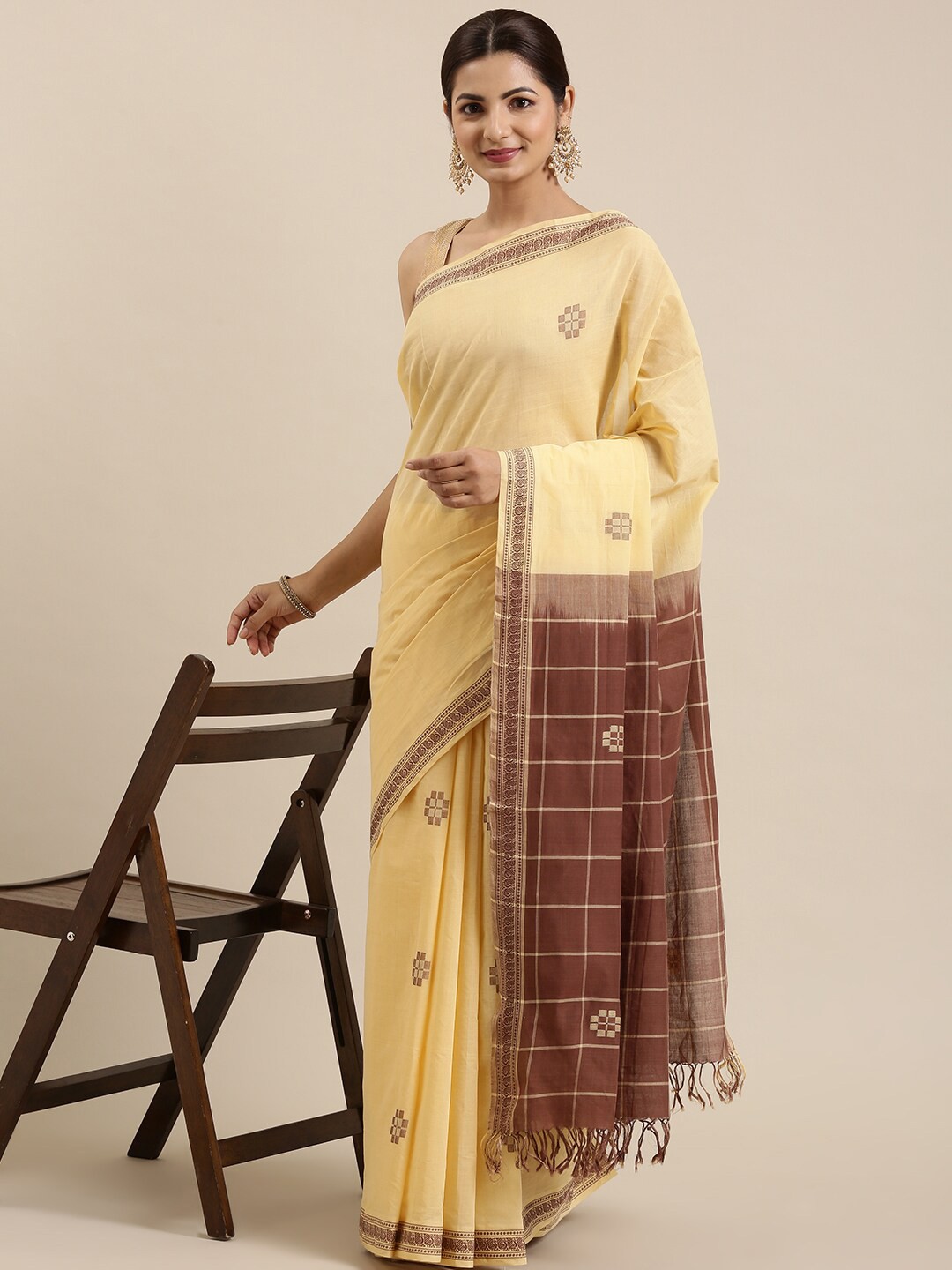

The Chennai Silks Yellow & Brown Ethnic Motifs Zari Pure Cotton Fusion Saree