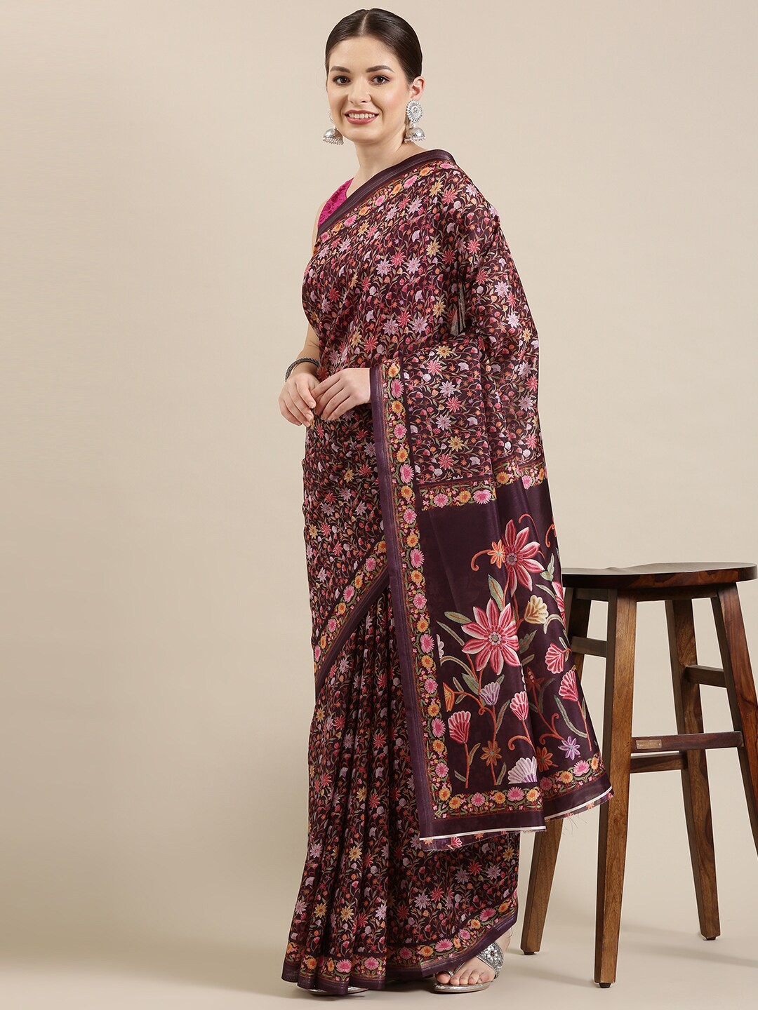 

The Chennai Silks Maroon & Pink Floral Linen Blend Fusion Saree