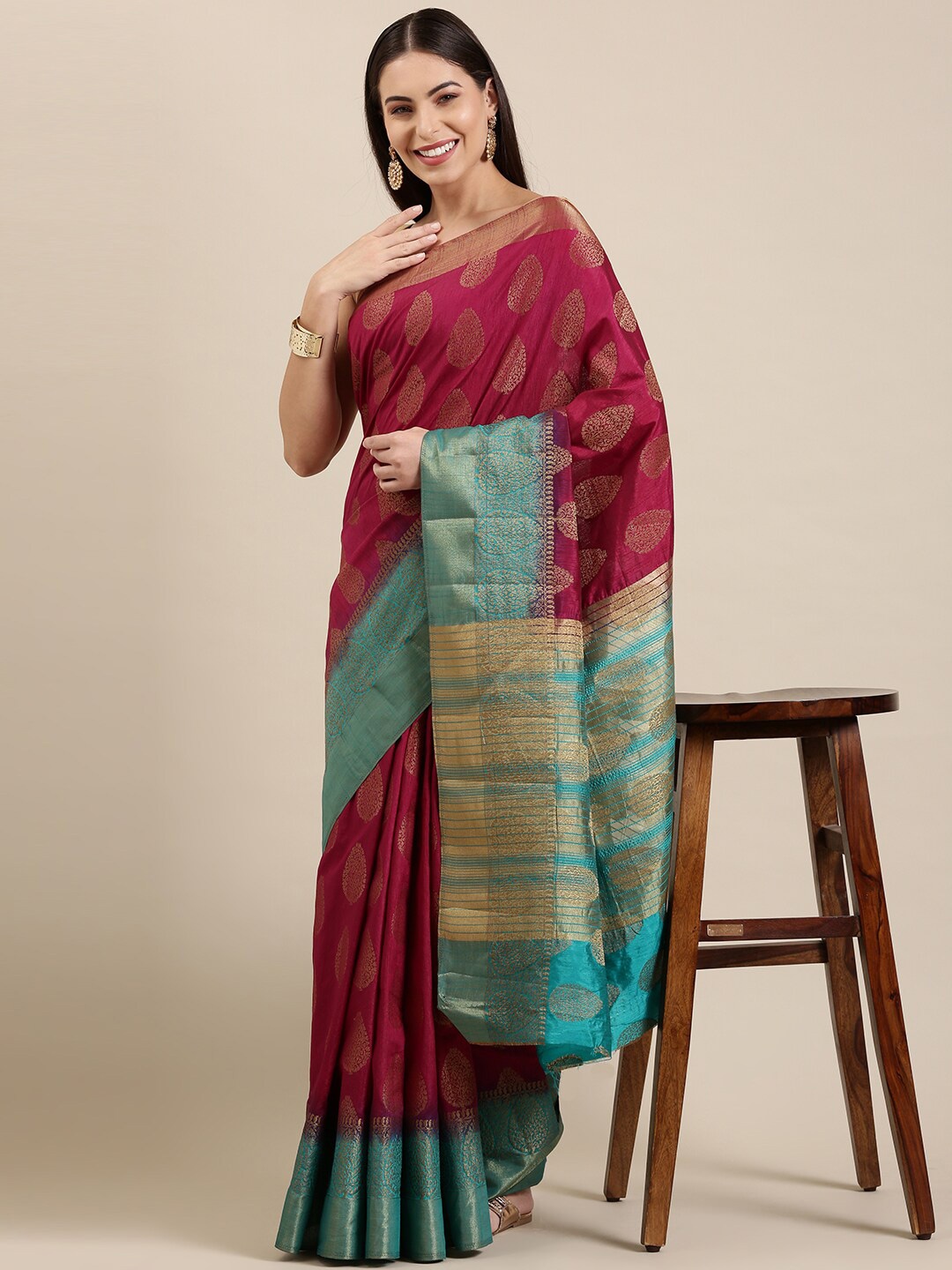 

The Chennai Silks Purple & Green Ethnic Motifs Zari Jute Cotton Fusion Saree