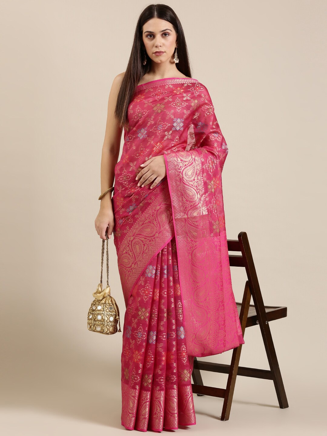 

The Chennai Silks Magenta & Blue Floral Zari Organza Fusion Banarasi Saree