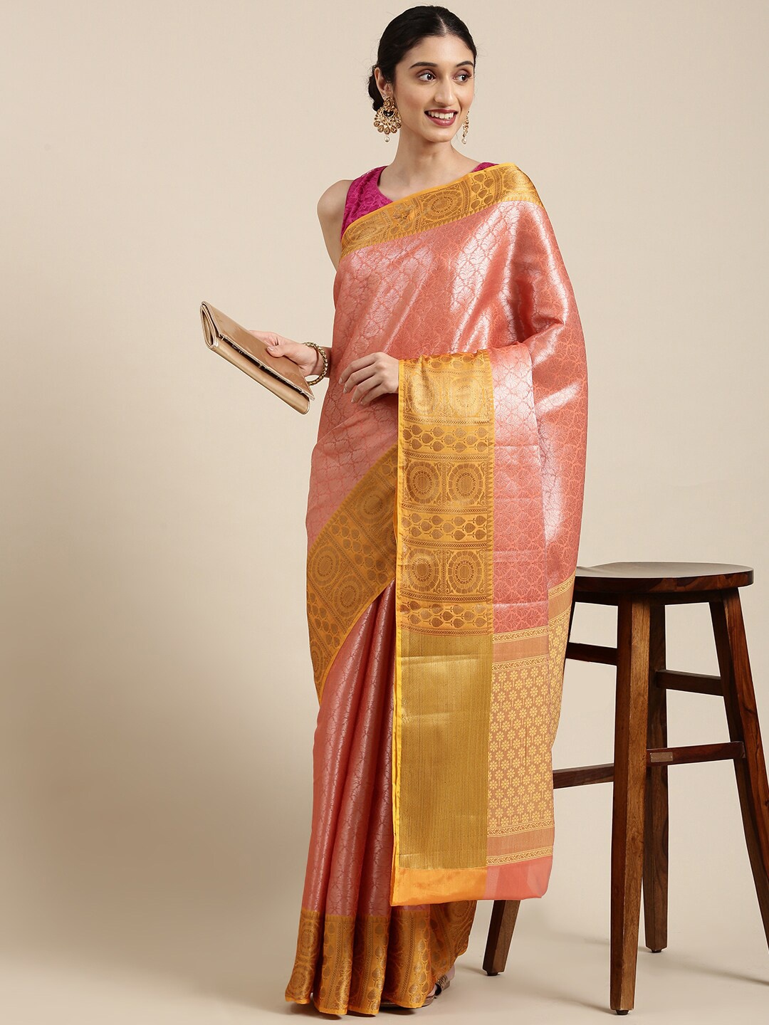 

The Chennai Silks Women Rose & Gold-Toned Floral Zari Organza Banarasi Saree