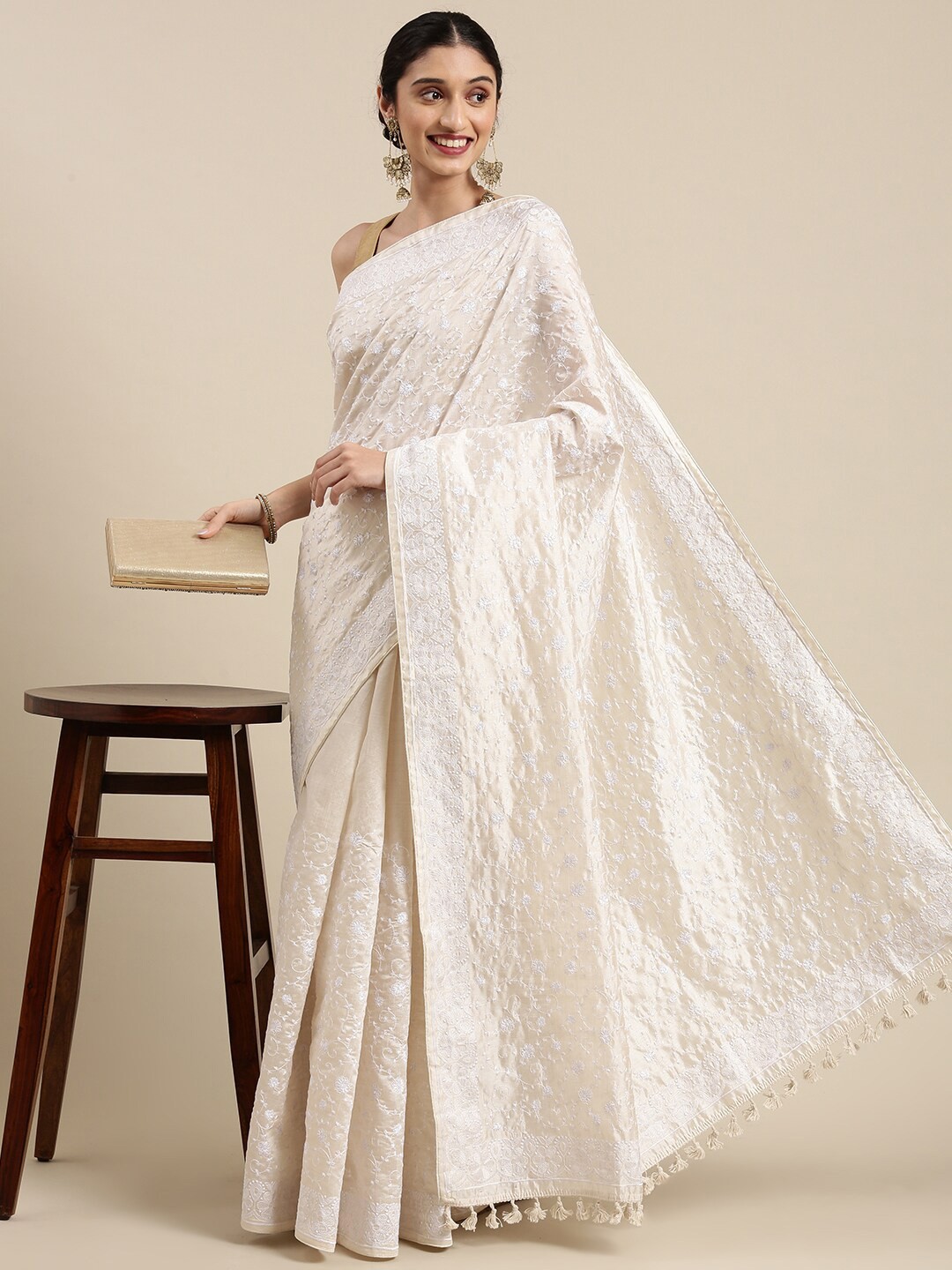 

The Chennai Silks Off White Embellished Embroidered Fusion Banarasi Saree