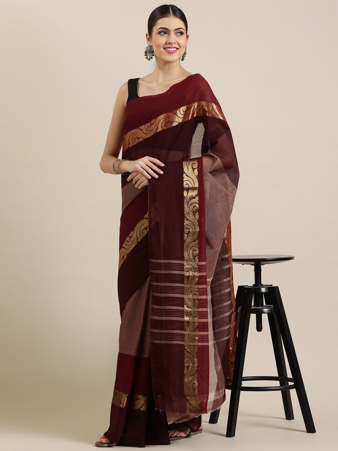

The Chennai Silks Brown Colourblocked Zari Pure Cotton Fusion Chettinad Saree