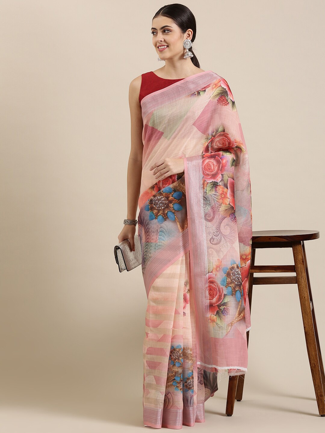 

The Chennai Silks Peach-Coloured & Blue Floral Zari Linen Blend Fusion Saree