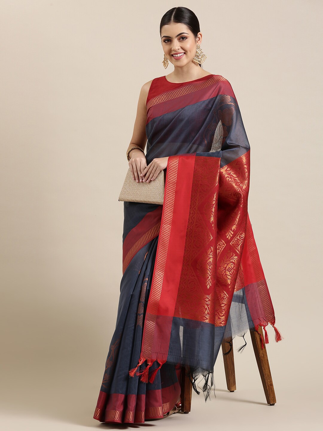 

The Chennai Silks Grey & Red Ethnic Motifs Zari Silk Cotton Saree