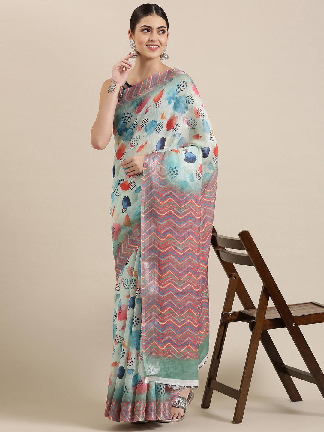 

The Chennai Silks Green & Blue Linen Blend Fusion Saree