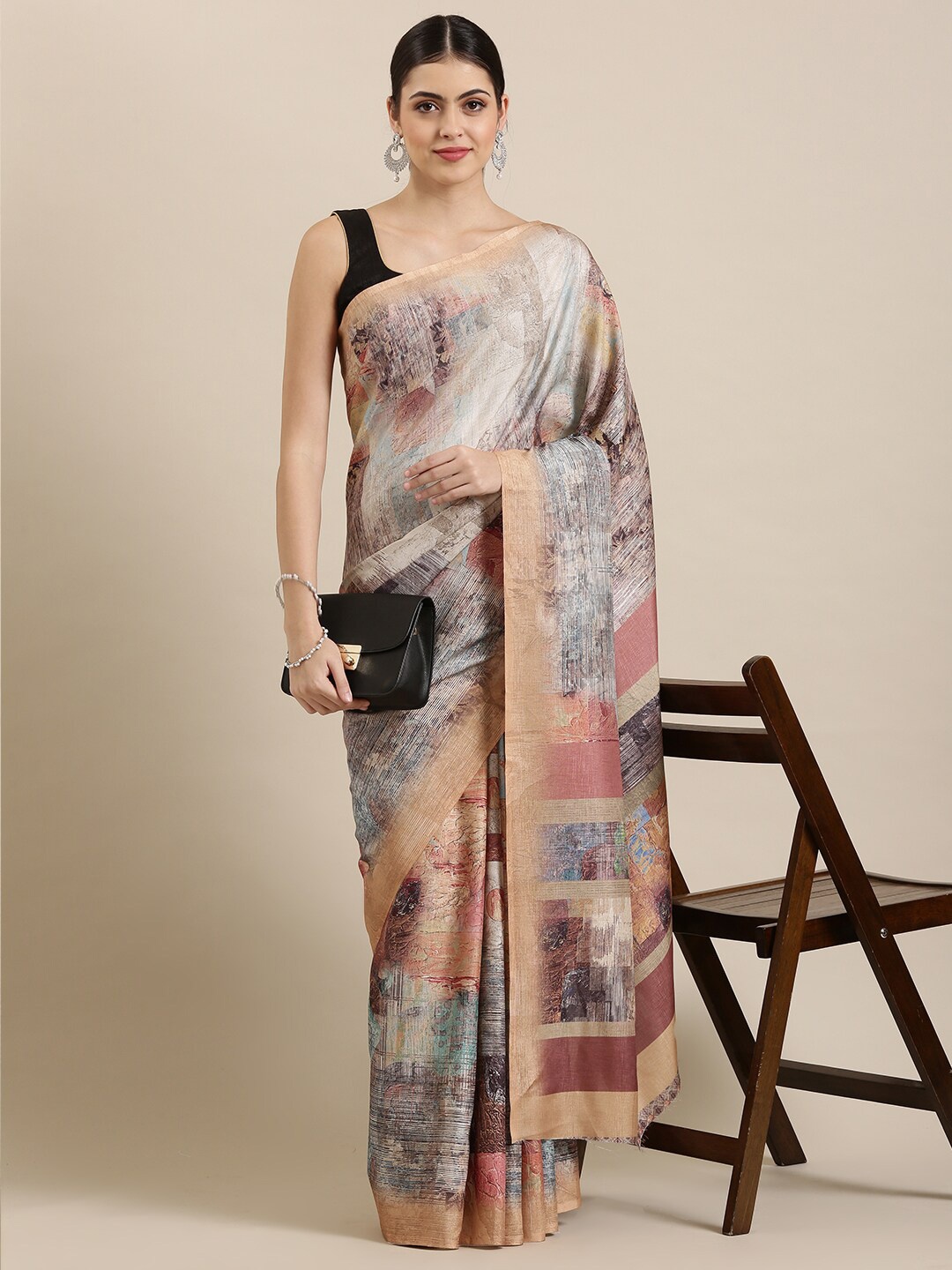 

The Chennai Silks Grey & Blue Zari Linen Blend Fusion Saree