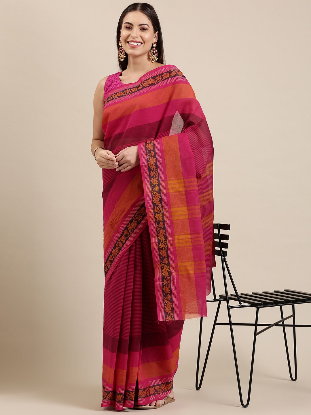 

The Chennai Silks Magenta & Yellow Colourblocked Zari Pure Cotton Chettinad Saree