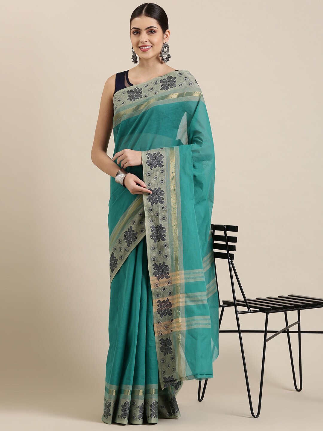 

The Chennai Silks Green Zari Pure Cotton Fusion Chettinad Saree