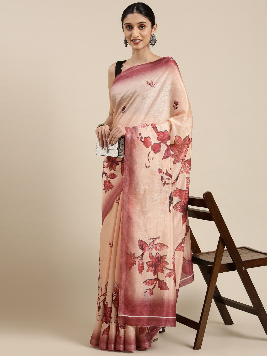 

The Chennai Silks Peach & Maroon Floral Polyester Saree With Unstitched Blouse Piece