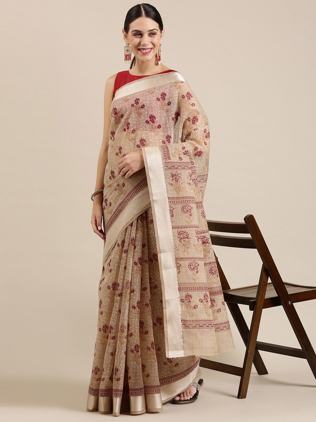 

The Chennai Silks Beige Floral Pure Cotton Saree