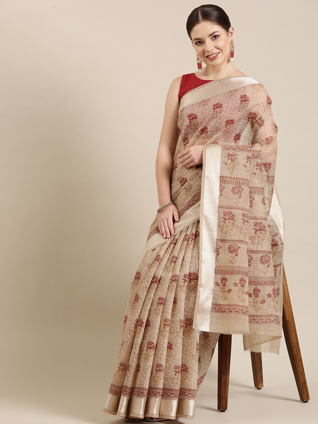 

The Chennai Silks Beige & Maroon Floral Zari Pure Cotton Fusion Saree