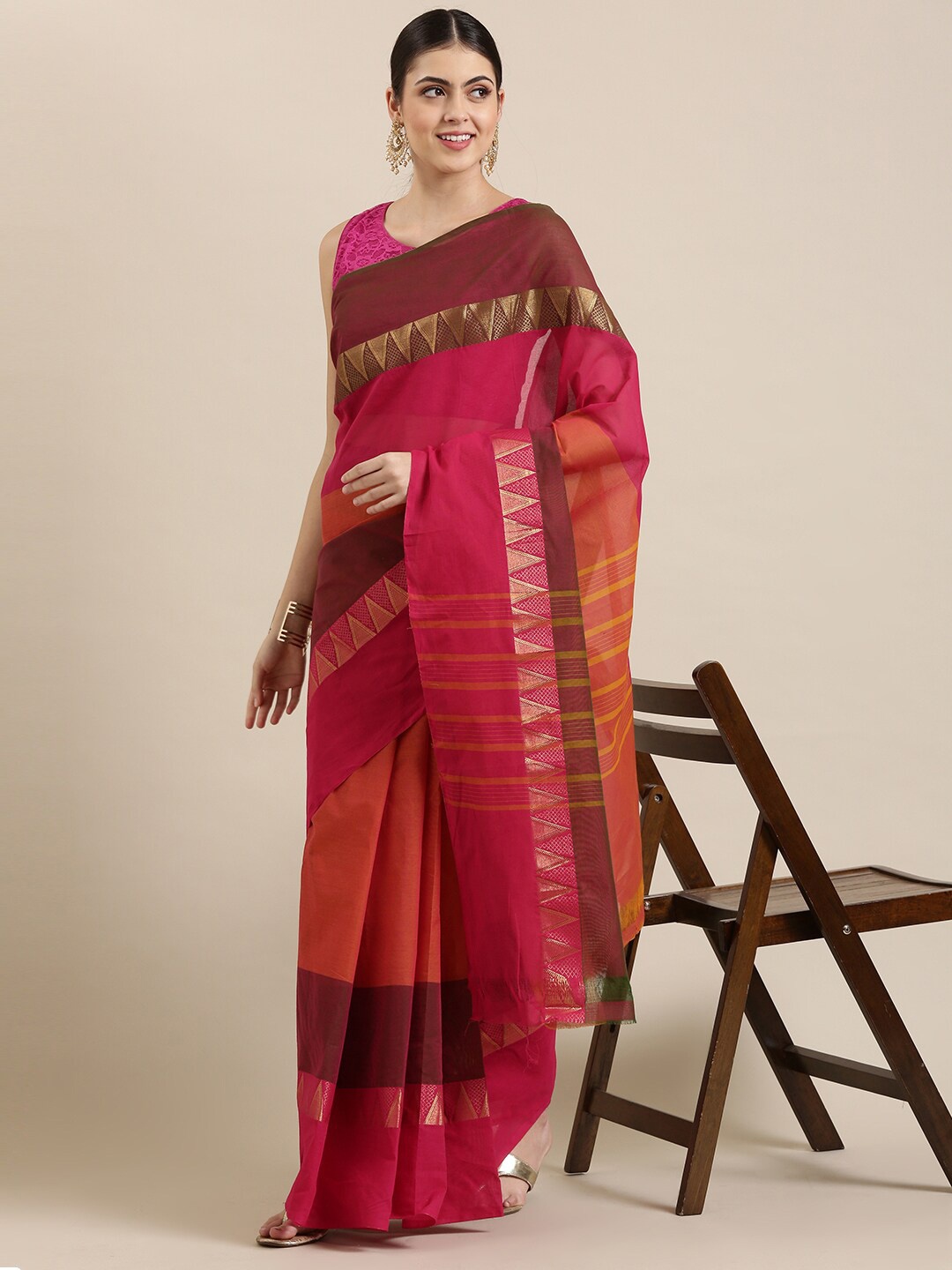 

The Chennai Silks Rust & Maroon Colourblocked Zari Pure Cotton Fusion Chettinad Saree