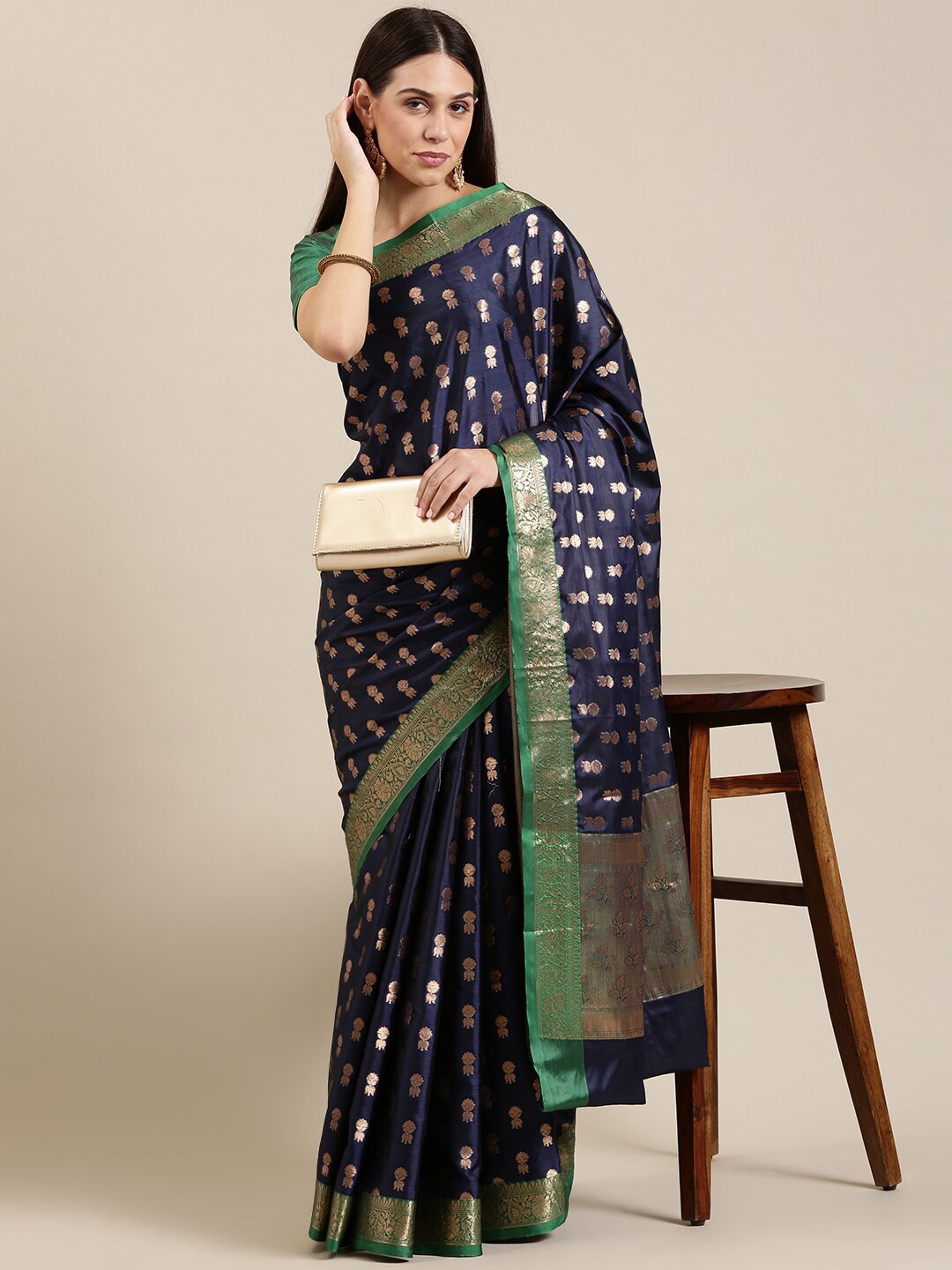 

The Chennai Silks Navy Blue & Green Ethnic Motifs Zari Organza Fusion Banarasi Saree