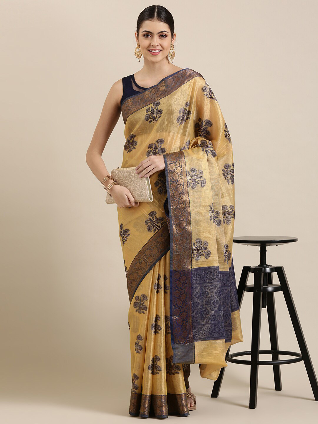 

The Chennai Silks Yellow & Black Floral Zari Organza Banarasi Saree
