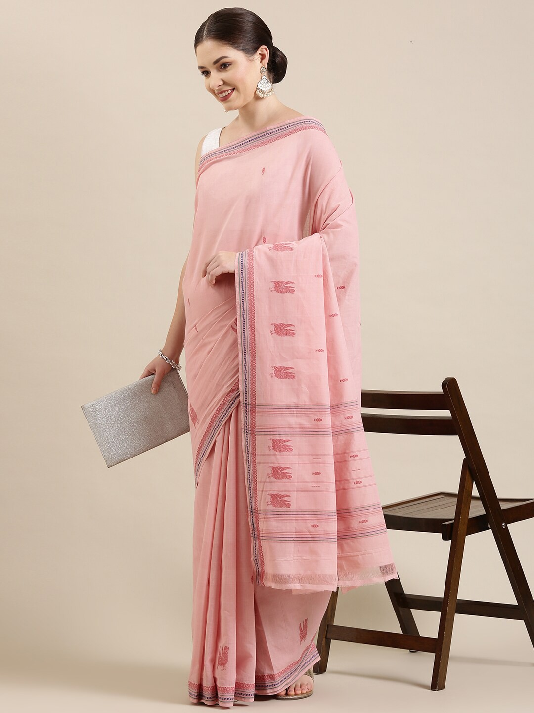 

The Chennai Silks Rose & Blue Ethnic Motifs Zari Pure Cotton Fusion Saree