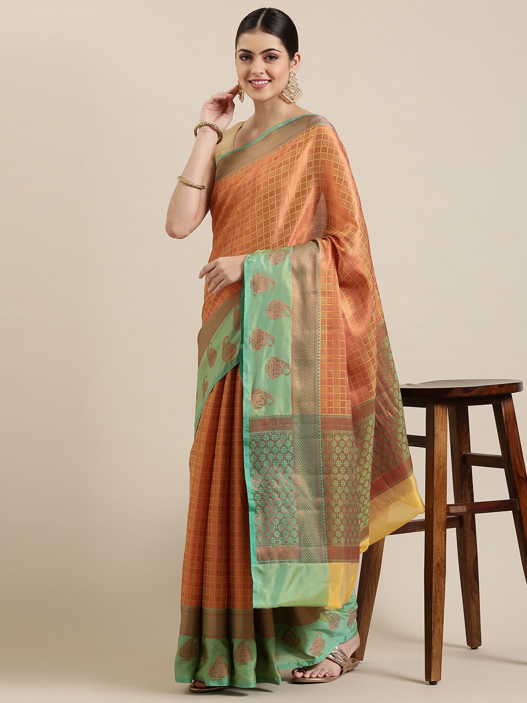 

The Chennai Silks Mustard & Green Checked Zari Organza Banarasi Saree