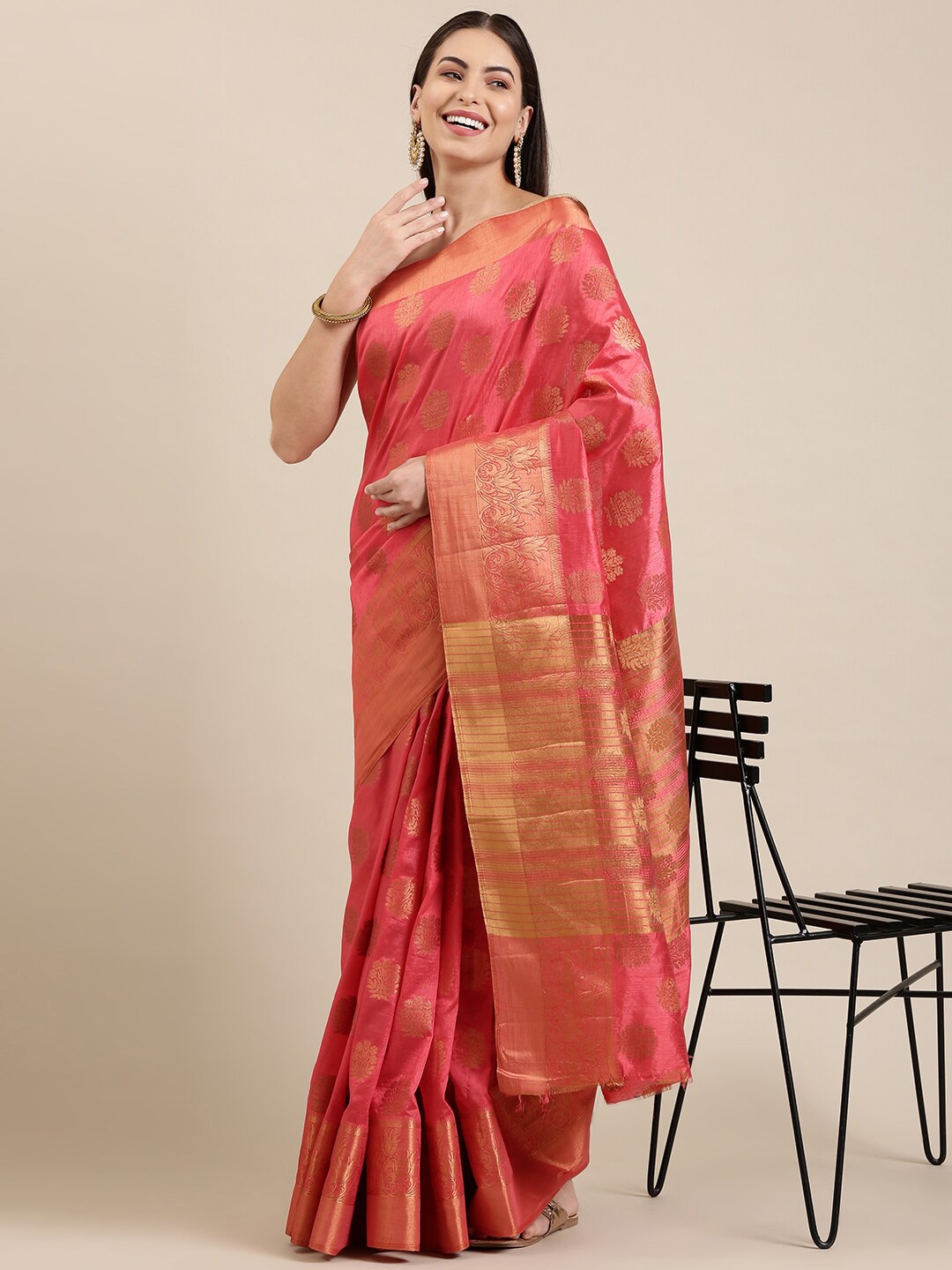 

The Chennai Silks Pink & Gold-Toned Floral Zari Jute Cotton Saree
