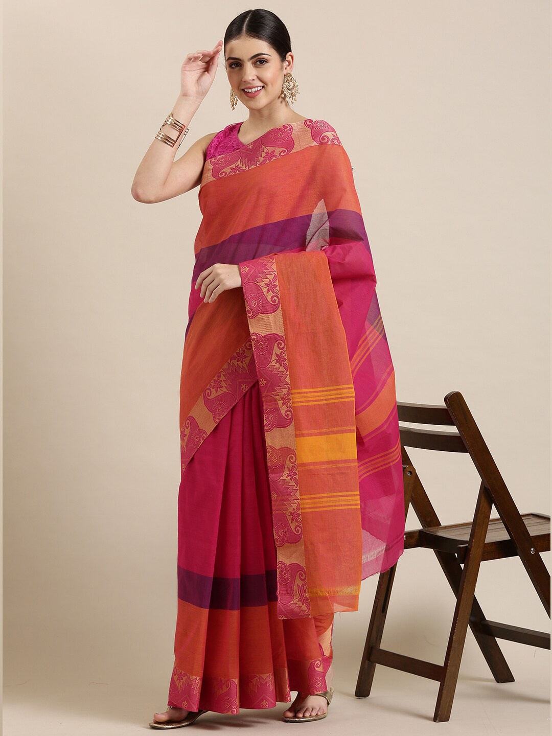 

The Chennai Silks Magenta & Purple Colourblocked Zari Pure Cotton Chettinad Saree