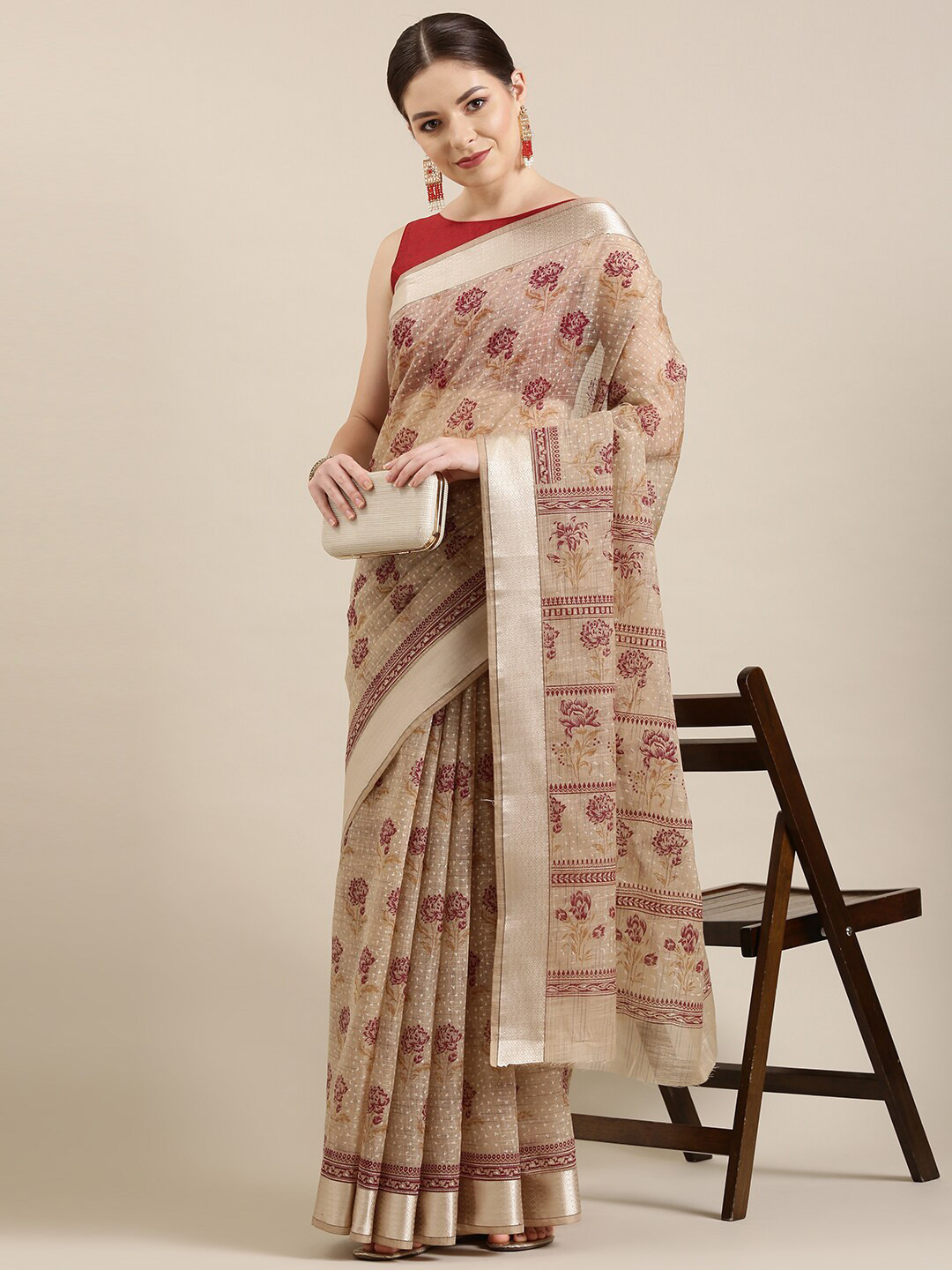 

The Chennai Silks Beige & Maroon Floral Zari Pure Cotton Saree
