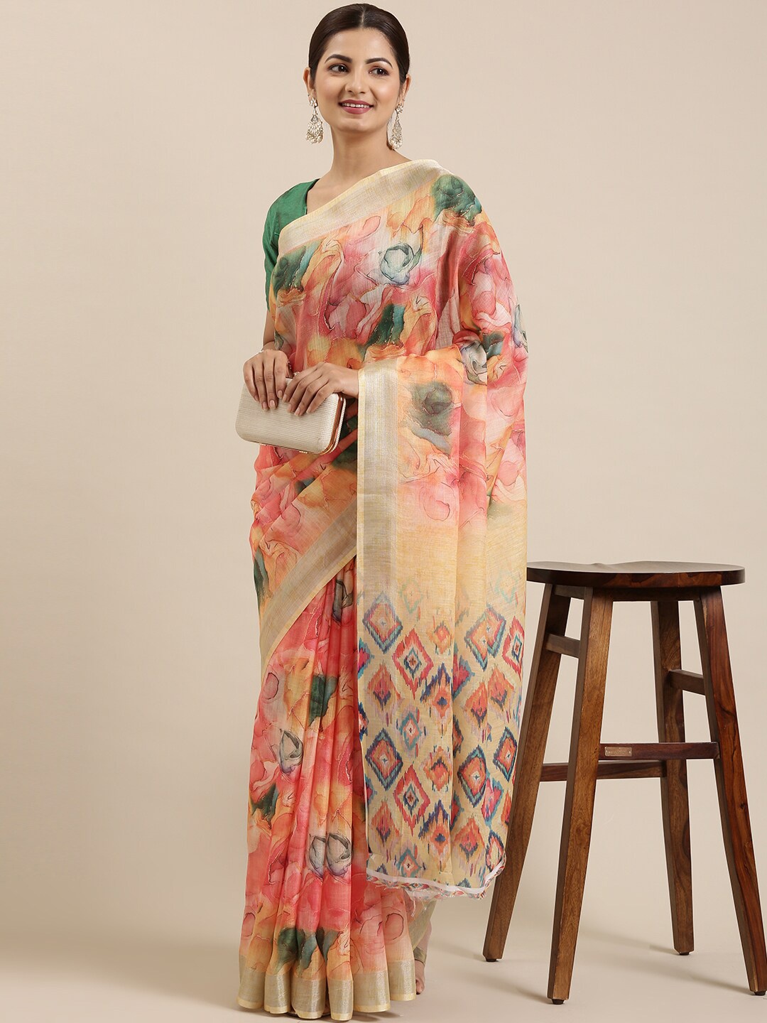 

The Chennai Silks Orange & Green Floral Zari Linen Blend Saree