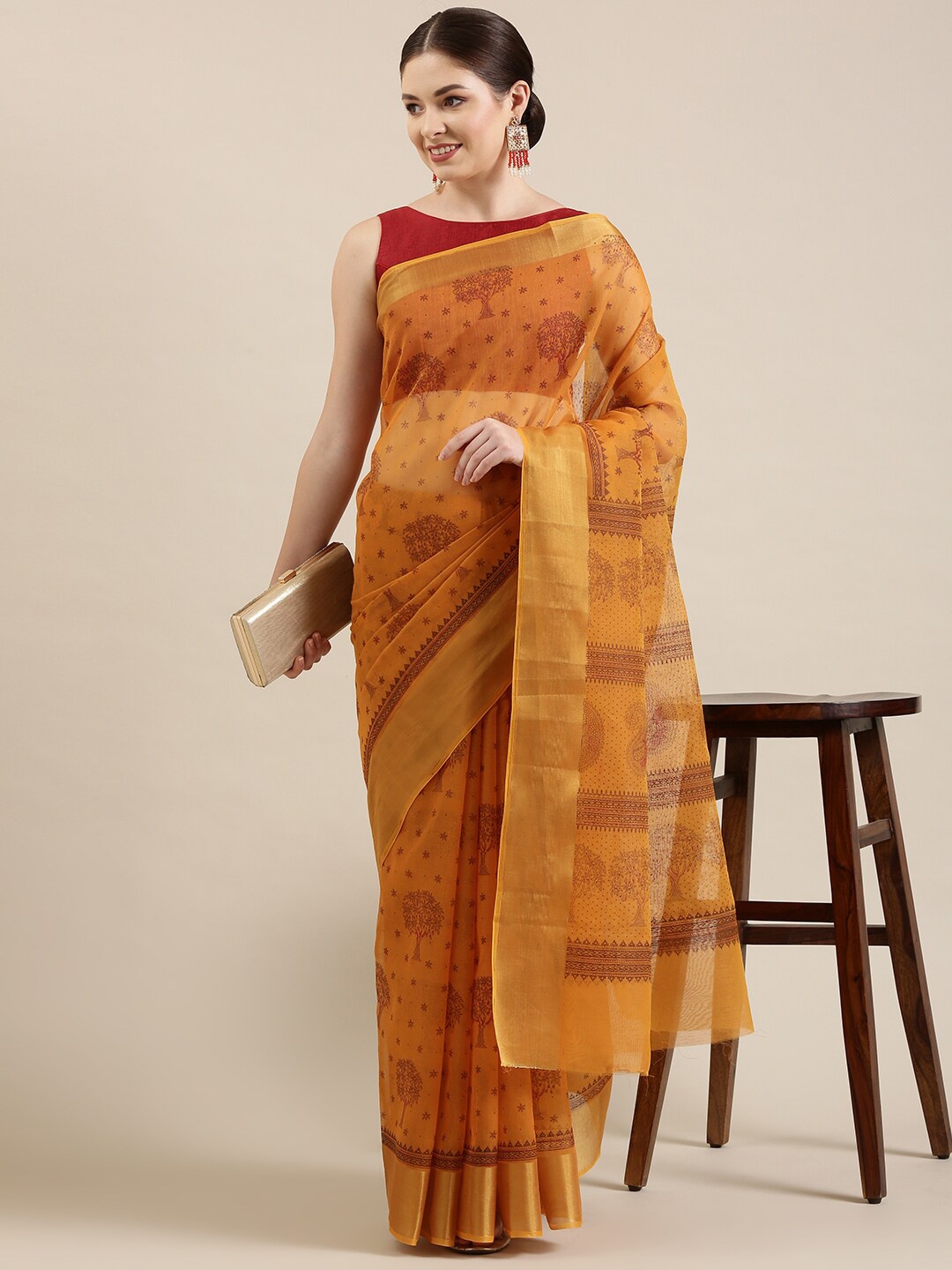 

The Chennai Silks Orange & Gold-Toned Floral Zari Pure Cotton Fusion Saree