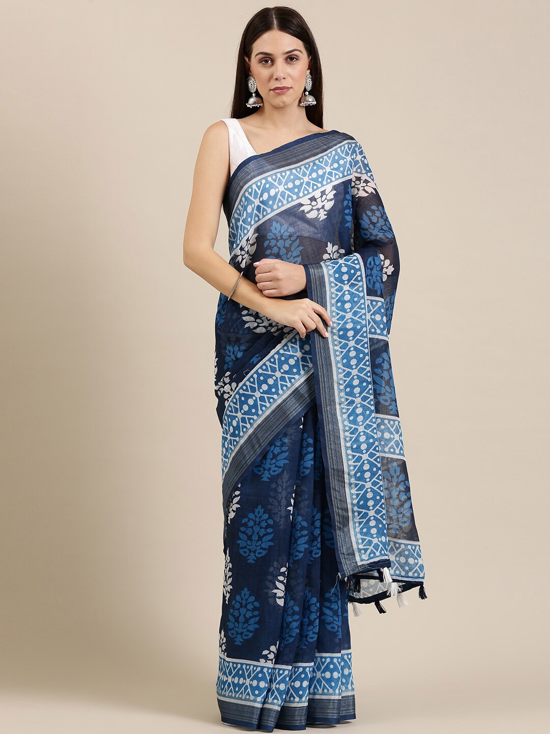 

The Chennai Silks Navy Blue & Brown Floral Linen Blend Fusion Saree