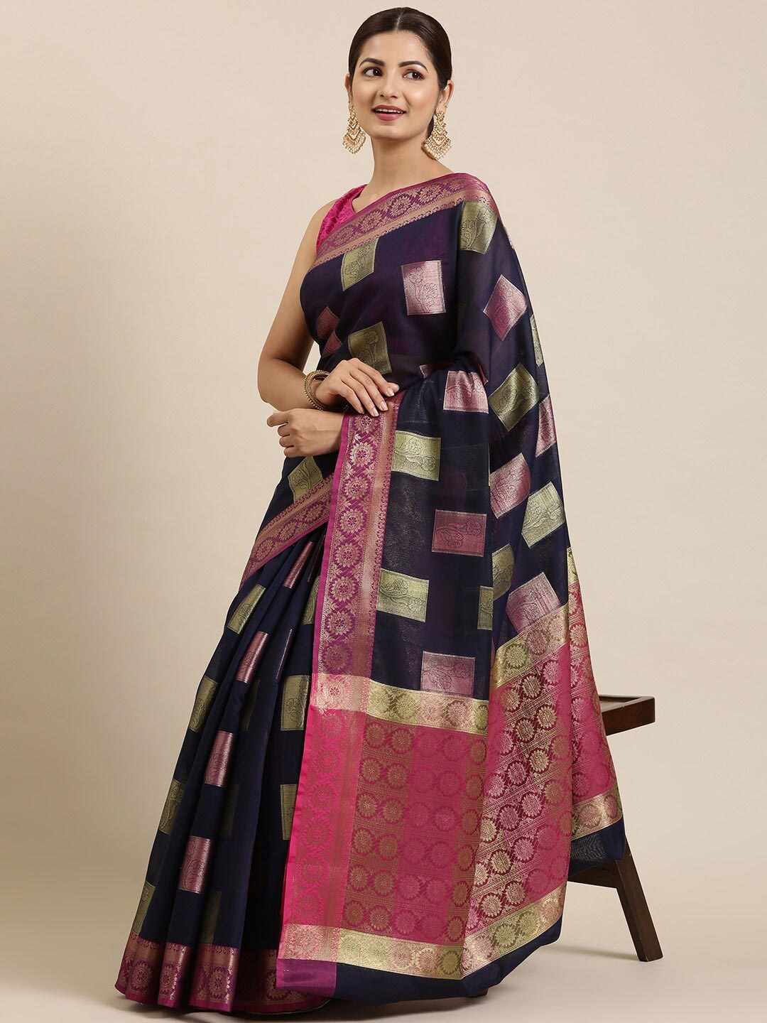 

The Chennai Silks Navy Blue & Red Floral Zari Organza Fusion Banarasi Saree