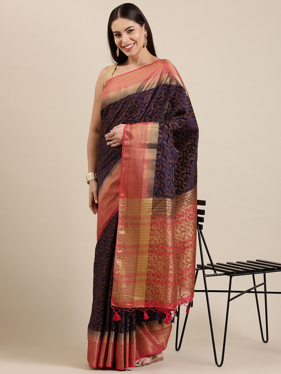 

The Chennai Silks Navy Blue & Pink Woven Design Zari Jute Cotton Saree