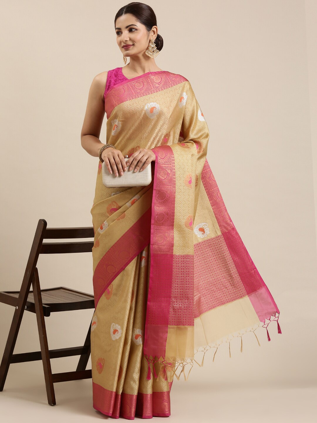 

The Chennai Silks Khaki & Pink Paisley Zari Organza Banarasi Saree