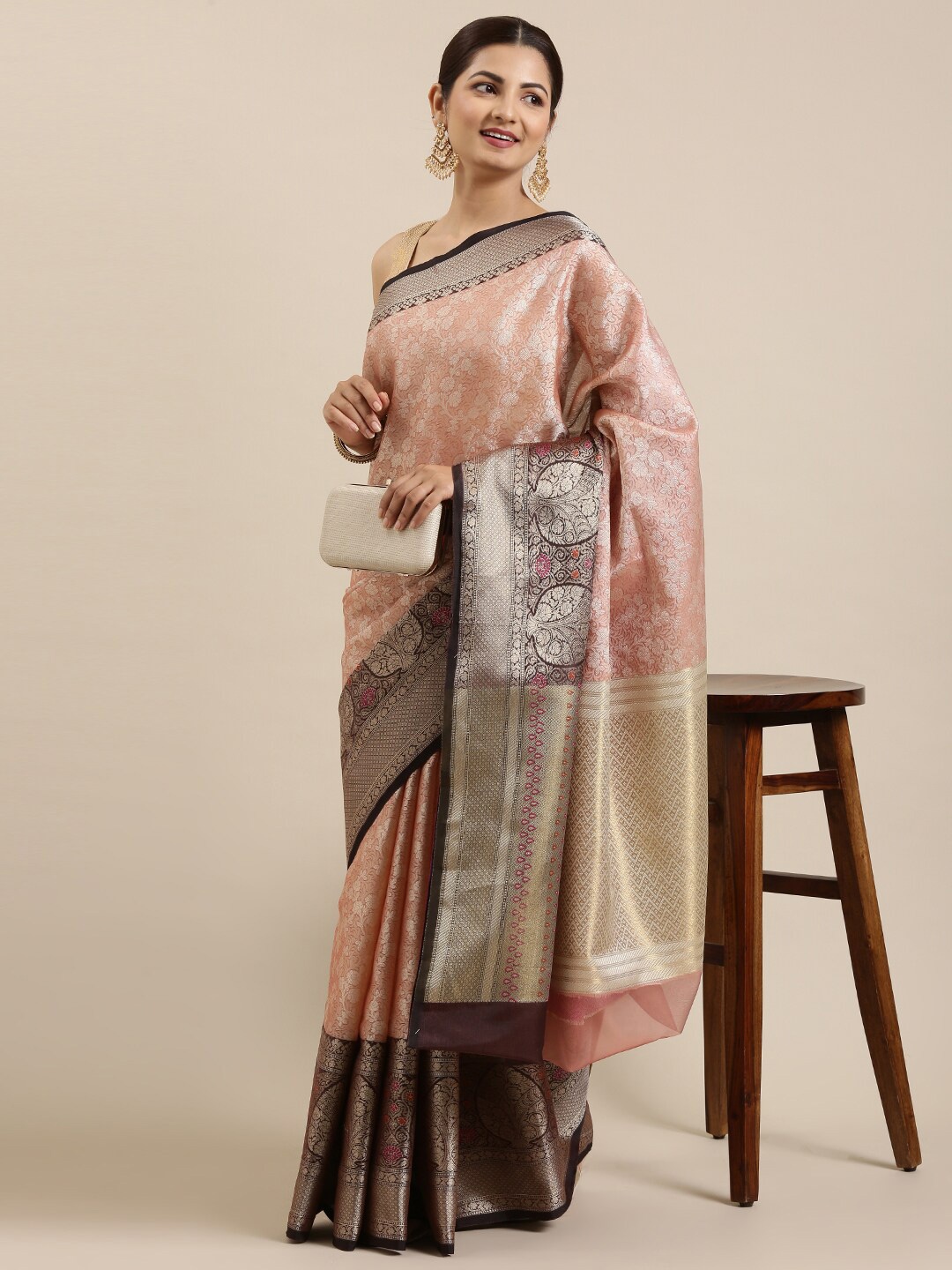 

The Chennai Silks Brown & Peach Woven Design Zari Organza Banarasi Saree