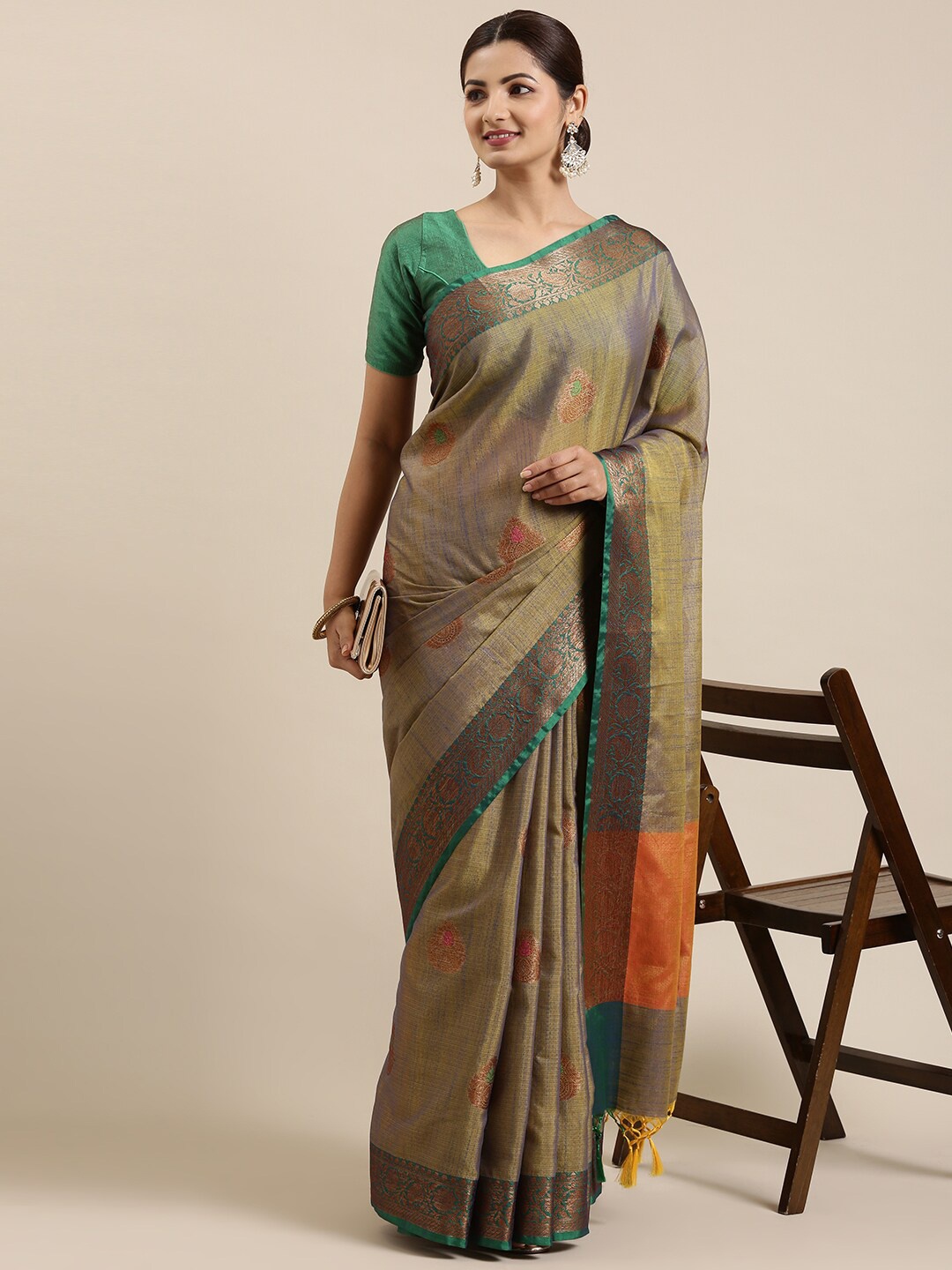 

The Chennai Silks Olive Green & Orange Floral Zari Organza Fusion Banarasi Saree