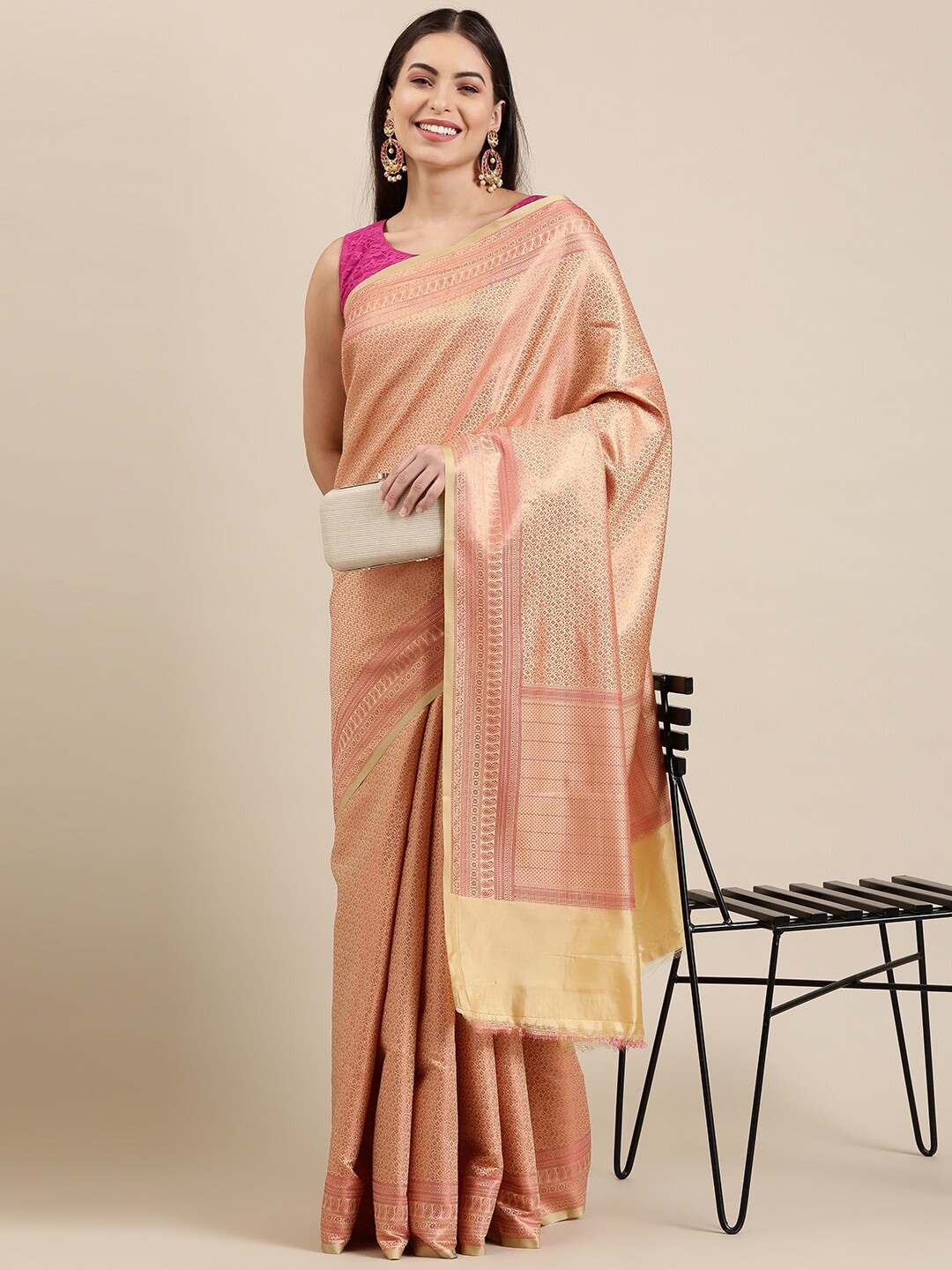 

The Chennai Silks Gold-Toned & Rose Floral Zari Art Silk Fusion Banarasi Saree