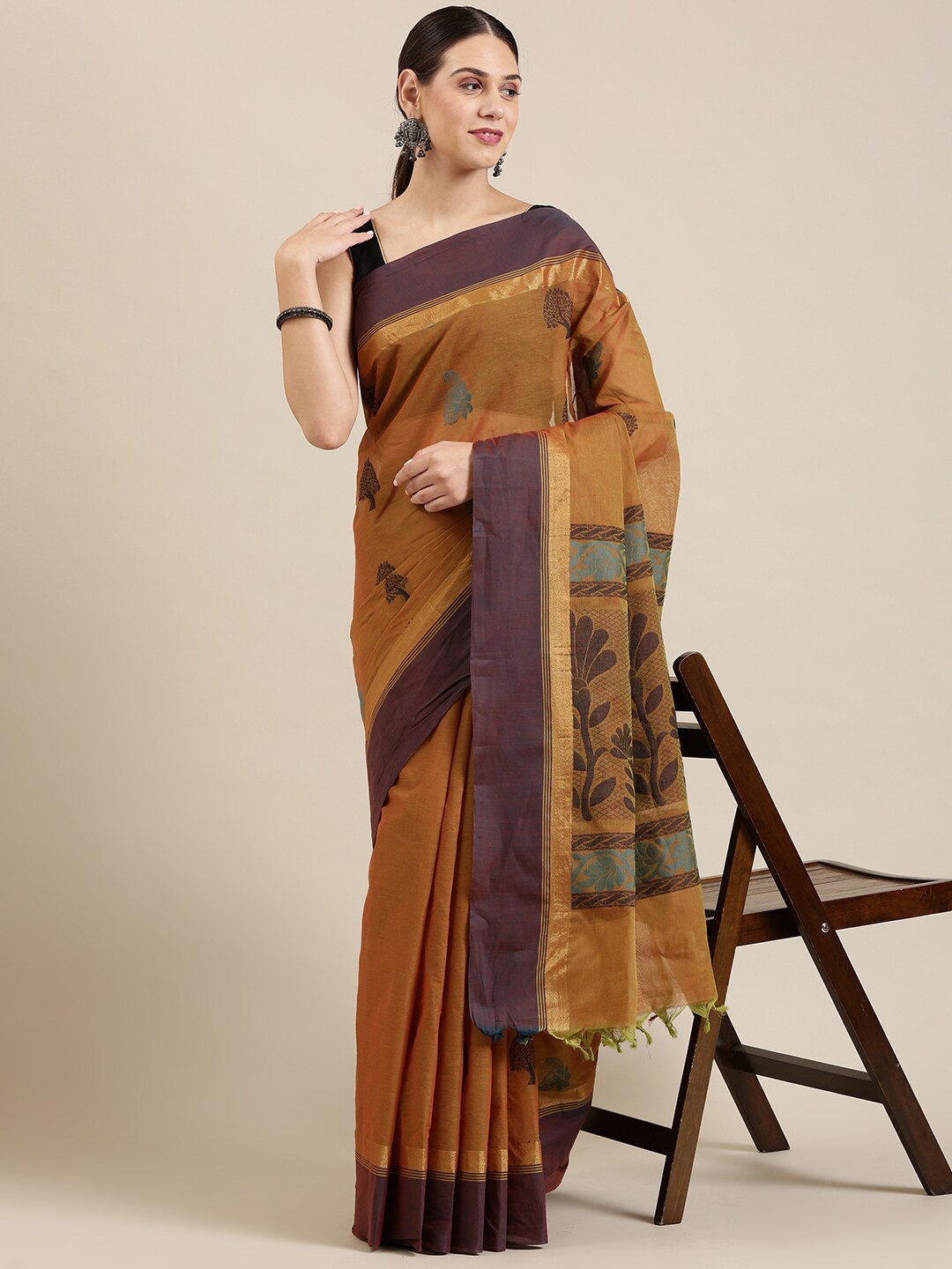 

The Chennai Silks Olive Green & Green Ethnic Motifs Zari Pure Cotton Kovai Saree