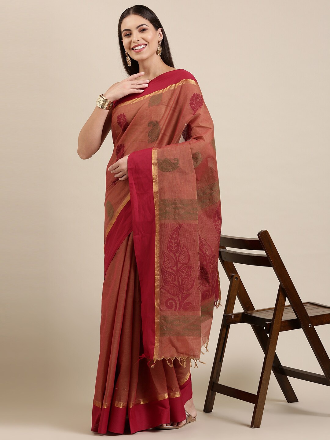 

The Chennai Silks Burgundy & Olive Green Ethnic Motifs Zari Pure Cotton Fusion Kovai Saree